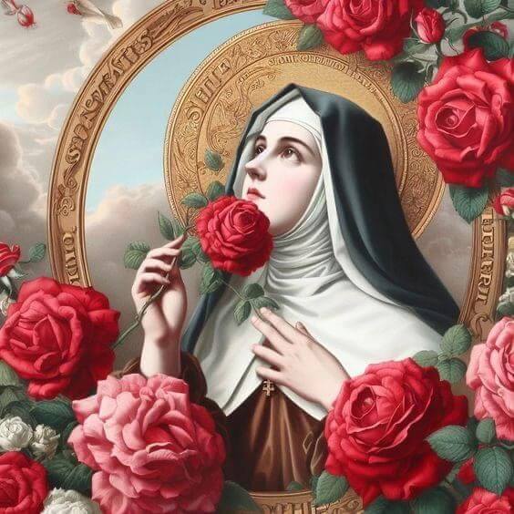 Saint Rita holding a rose and looking towards heaven